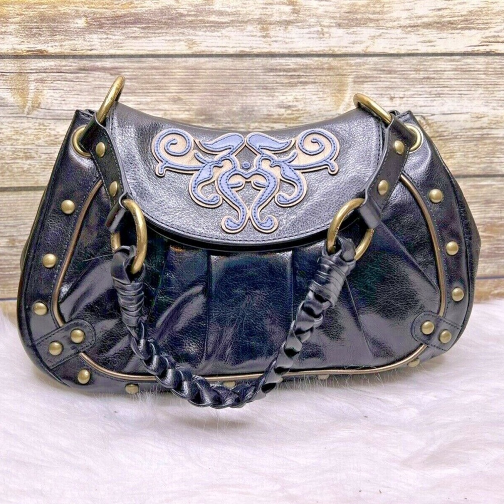 Kate Landry Black Genuine Leather Studded Accent Purse Shoulder Bag Tote - Picture 11 of 11